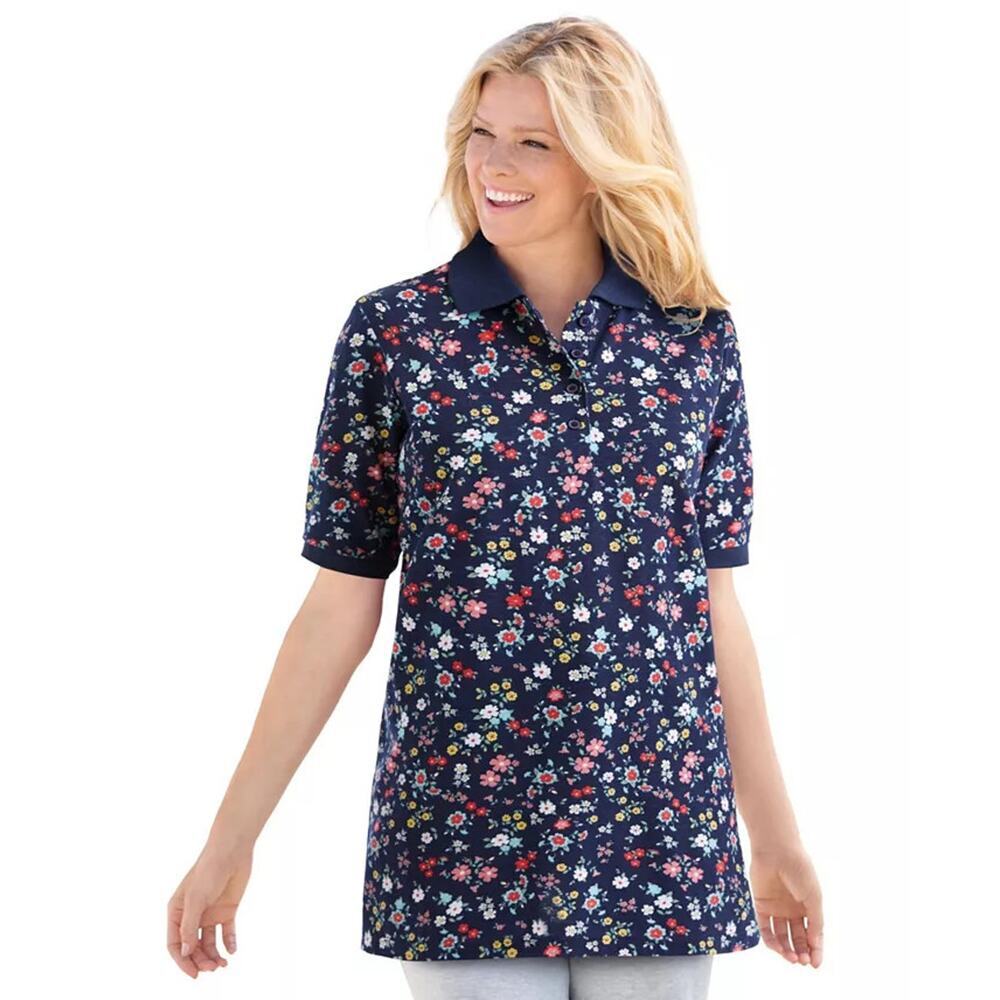 Woman Within Polo Shirt 34 36 Navy Blue Floral Elbow Sleeve Tunic Top Cotton